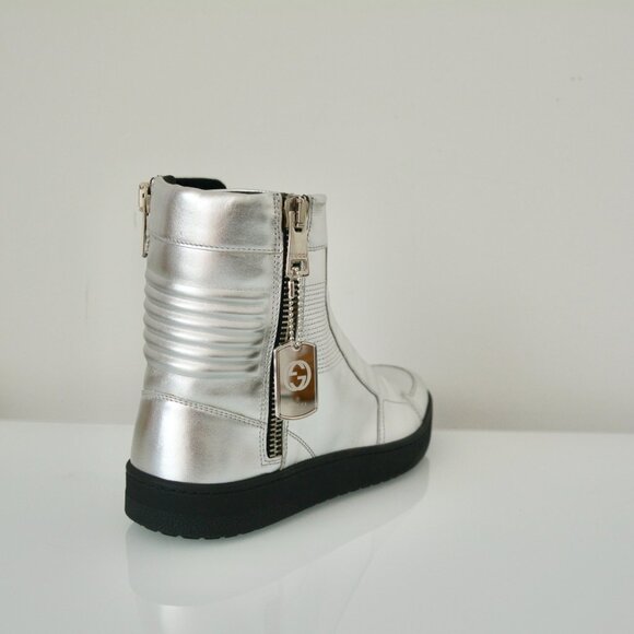 NIB GUCCI MENS HITOP LEATHER METALLIC SILVER SNEAKERS - Picture 5 of 9